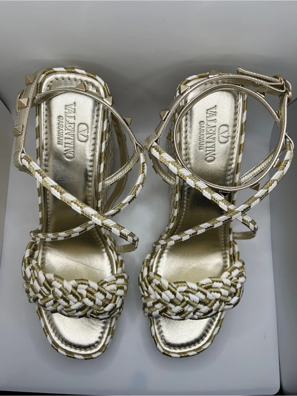 Valentino Garavani Metallic Gold and White Braided Ankle-Strap Heels